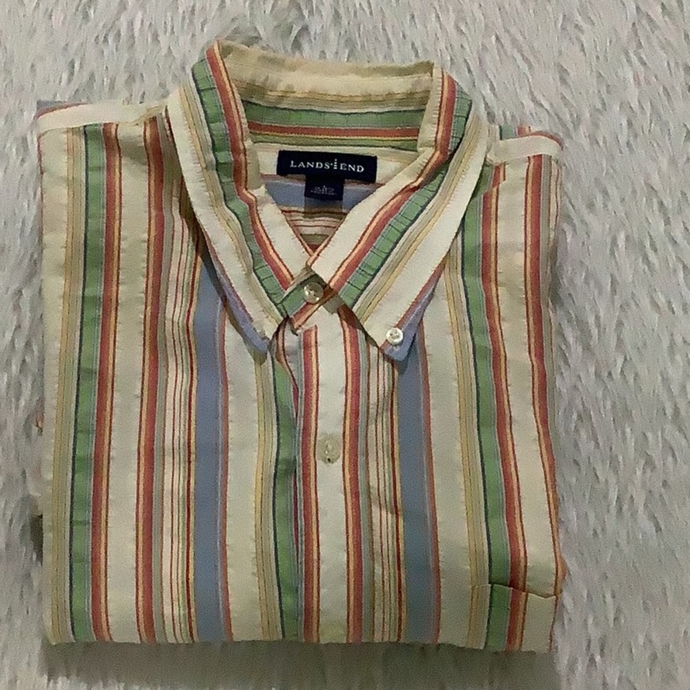 Lands end green blue striped button down long sleeve shirt